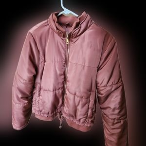 pink puffy jacket.
